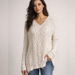 FREE PEOPLE Beige Frayed Knit Sweater NWT